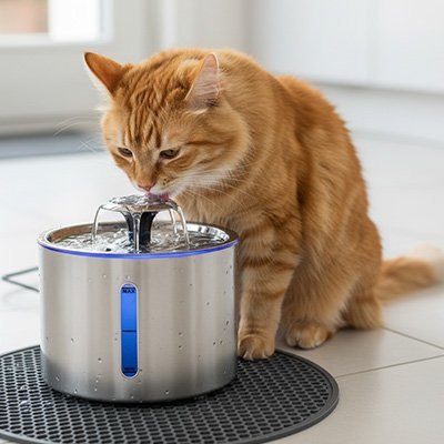 Fontaine à eau Chat | AquaFlor™ inox 304, silencieuse, previent l'acné - Univers Chat Nature