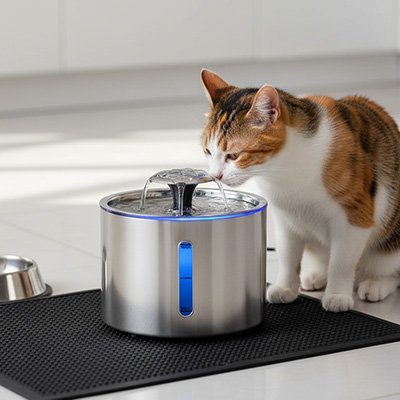 Fontaine à eau Chat | AquaFlor™ inox 304, silencieuse, previent l'acné - Univers Chat Nature