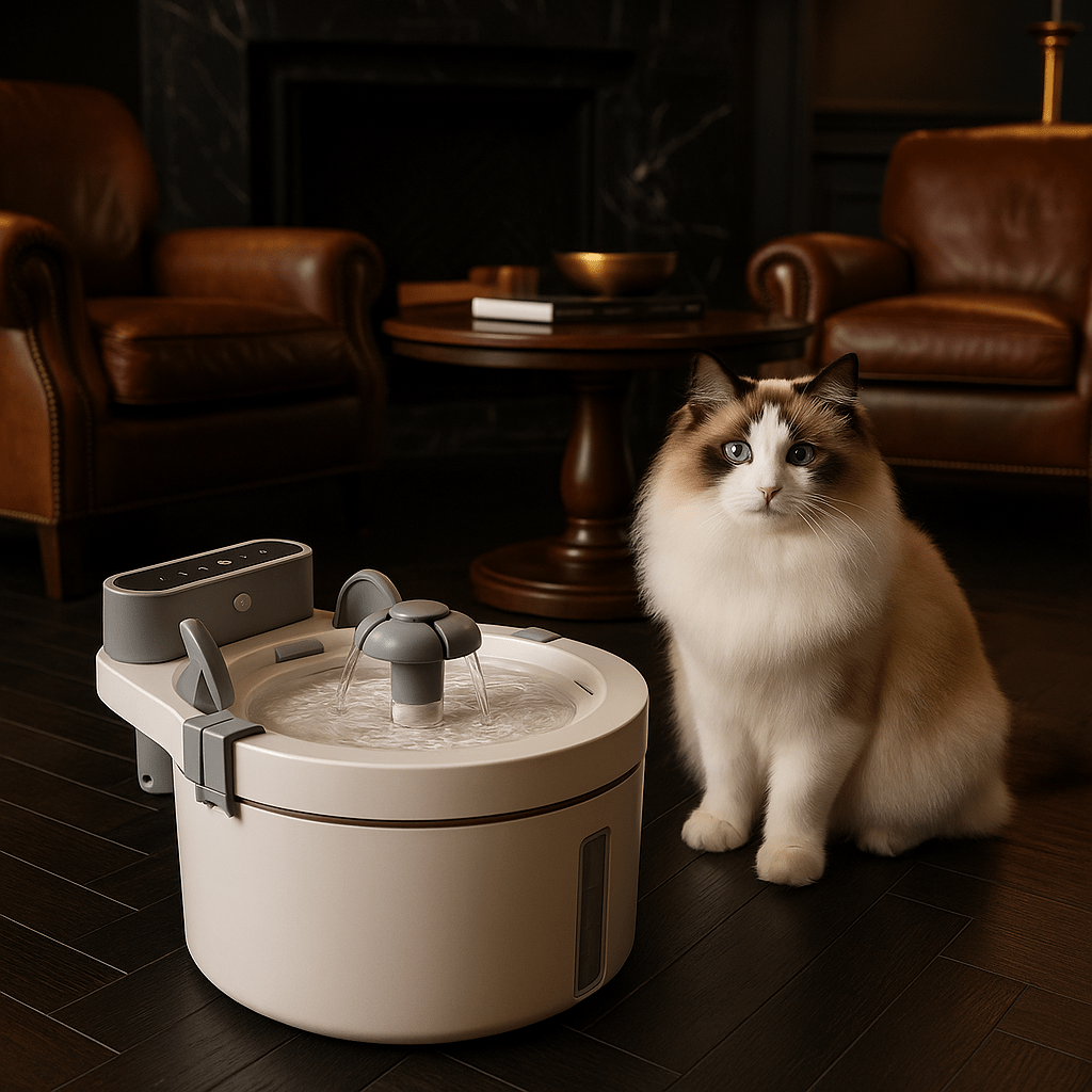 fontaine a eau chat avec capteur de mouvements distributeur eau fontaineaupur dans un salon