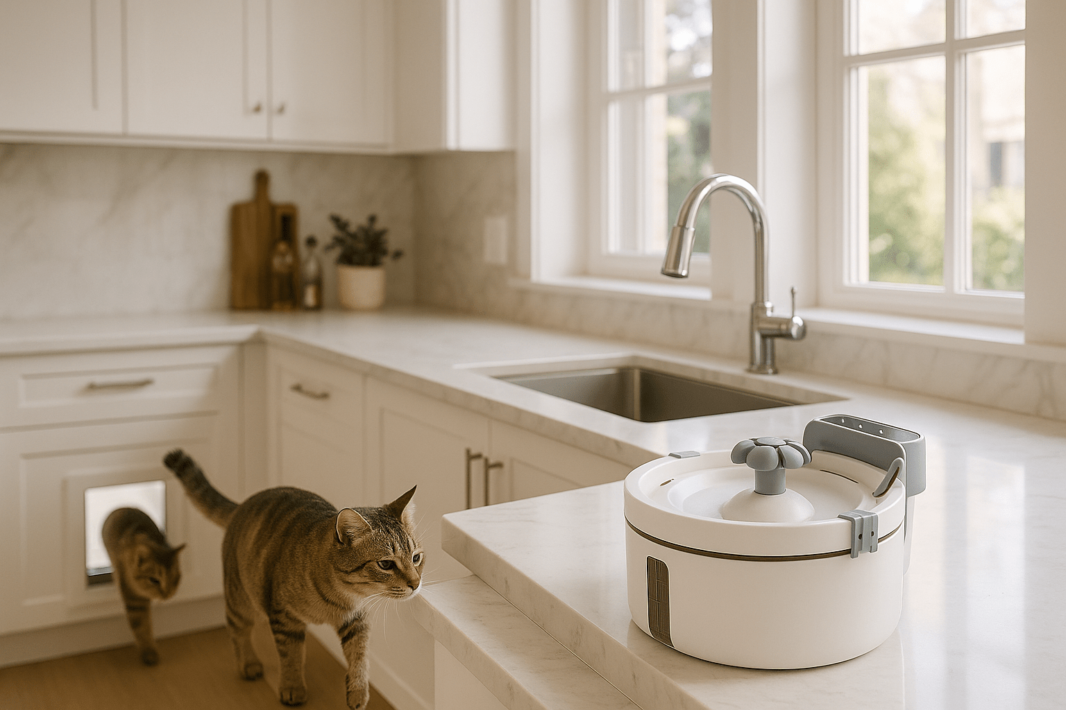 fontaine a eau chat avec capteur de mouvements distributeur eau fontaineaupur dans une cuisine