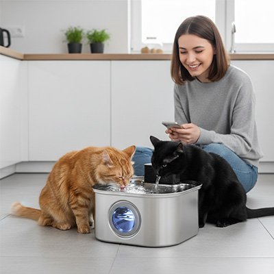 Fontaine à eau chat EauLysée™ : sans fil, silencieuse, 45 jours - Univers Chat Nature