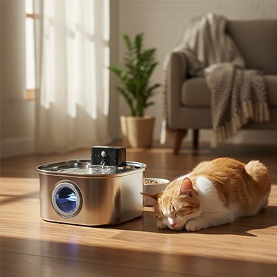 Fontaine à eau chat EauLysée™ : sans fil, silencieuse, 45 jours - Univers Chat Nature