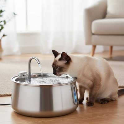 Chat blanc devant la fontaine à eau Hydrélia avec capteur de mouvement