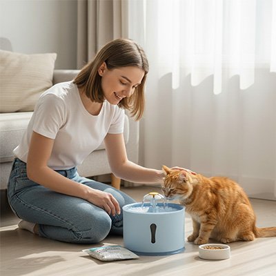 Fontaine a eau Chat LysAqua™ avec son indicateur visuel transparent permettant de vérifier facilement le niveau sans ouvrir