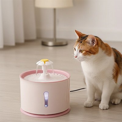 Fontaine a eau Chat LysAqua™ en présence d'un chat,  conception démontable rendant l'entretien régulier simple et rapide