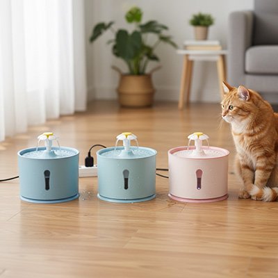 Fontaine a eau Chat LysAqua™, Proposé en rose poudré, vert et bleu pastel pour s'harmoniser avec différents intérieurs