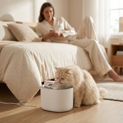 Fontaine a eau Chat Purelia™ avec chat et son propriétaire beneficiant d'un moteur discret ne perturbant pas la tranquillité du foyer ni le sommeil 