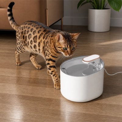 Fontaine a eau Chat Purelia™, conception adaptée aux foyers avec plusieurs chats buvant simultanément