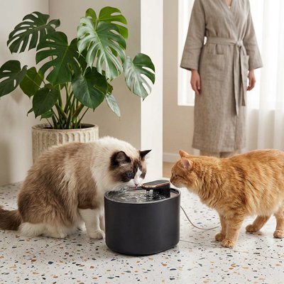 Fontaine a eau Chat Purelia™ dans un salon avec 2 chats Réservoir d'eau de grande contenance permettant une autonomie prolongée sans remplissage.