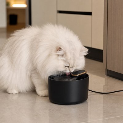Fontaine a eau Chat Purelia™, un chat blanc au salon beneficiant d'un matériel robuste garantissant longévité et facilité d'entretien au quotidien