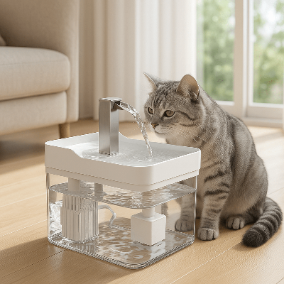 Fontaine a eau pour chat PurEauFlow en présence d'un chachou qui s'abreuve