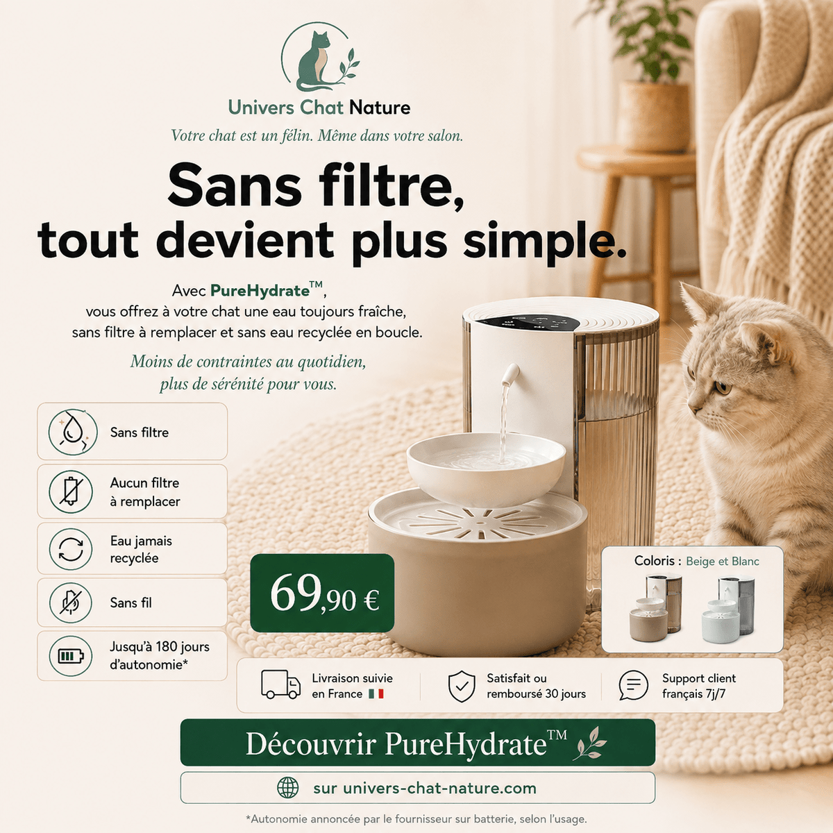 Fontaine à eau chat sans filtre PureHydrate™ - Eau jamais recyclée, sans fil 180 jours - Univers Chat Nature