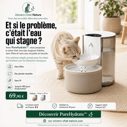Fontaine à eau chat sans filtre PureHydrate™ - Eau jamais recyclée, sans fil 180 jours - Univers Chat Nature