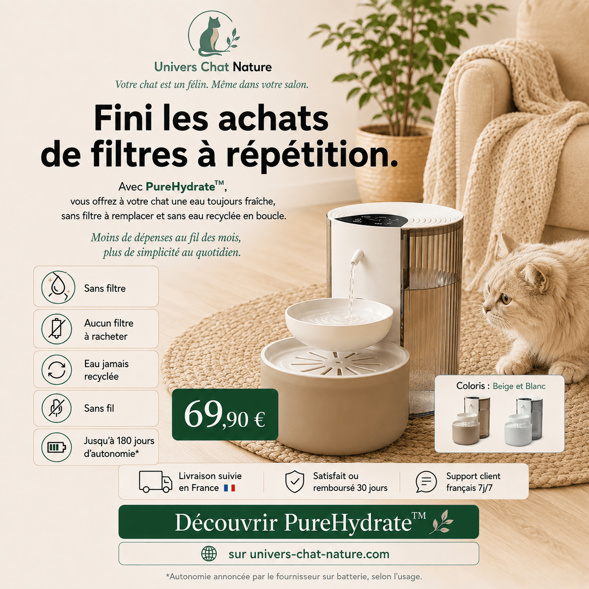 Fontaine à eau chat sans filtre PureHydrate™ - Eau jamais recyclée, sans fil 180 jours - Univers Chat Nature