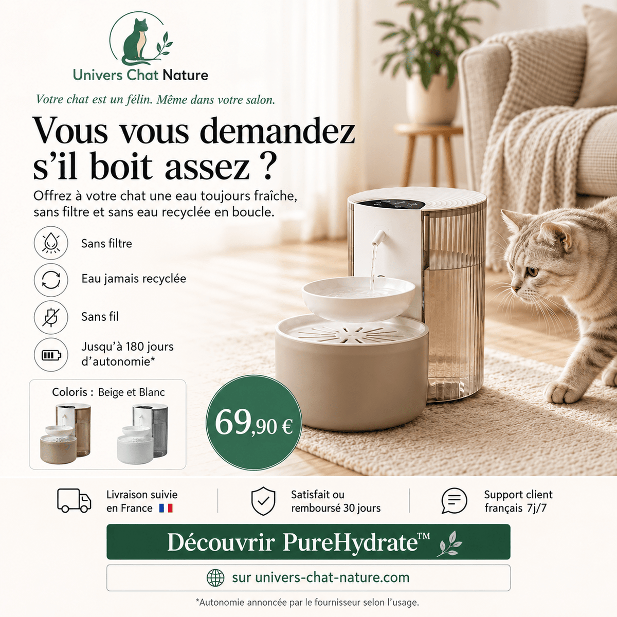 Fontaine à eau chat sans filtre PureHydrate™ - Eau jamais recyclée, sans fil 180 jours - Univers Chat Nature