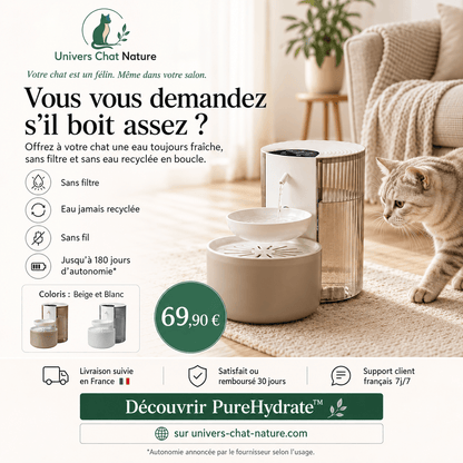 Fontaine à eau chat sans filtre PureHydrate™ - Eau jamais recyclée, sans fil 180 jours - Univers Chat Nature