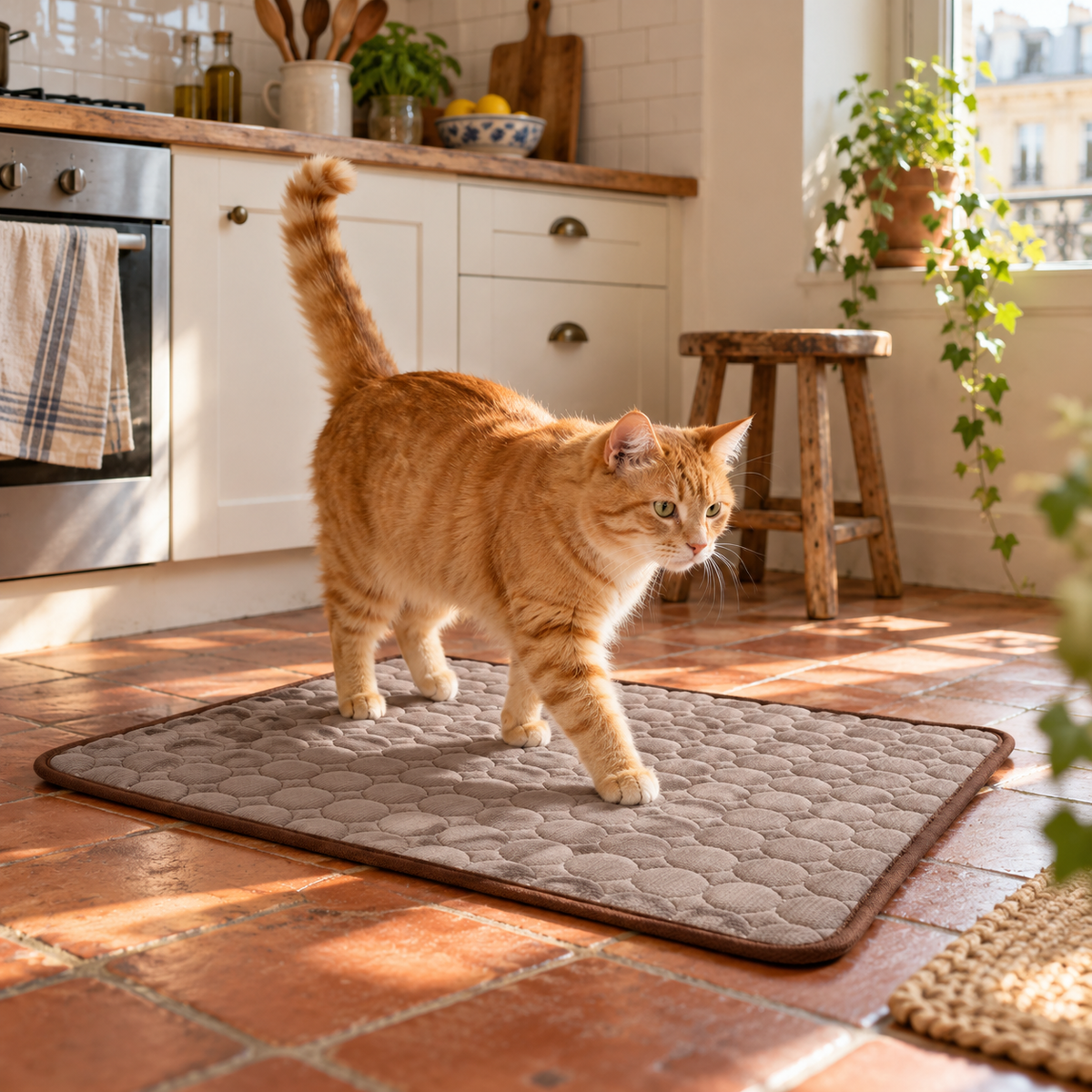 Chat roux marchant sur le tapis Fraîcheur d'Été™ dans une cuisine ouverte à carrelage ancien