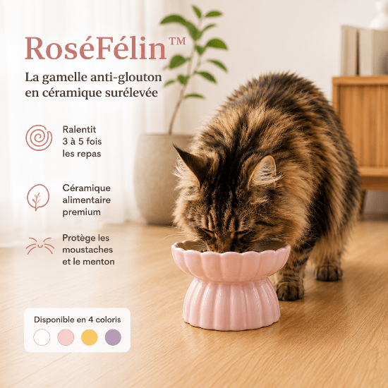 RoséFélin™ : gamelle anti - glouton chat céramique design, surélevée, protectrice et belle à regarder - Univers Chat Nature