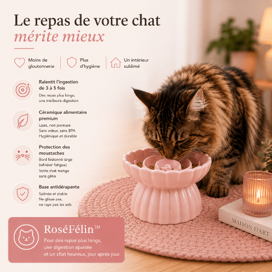 RoséFélin™ : gamelle anti - glouton chat céramique design, surélevée, protectrice et belle à regarder - Univers Chat Nature