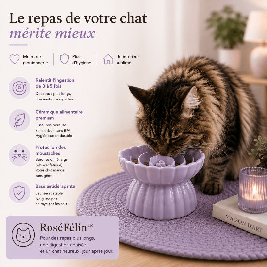 RoséFélin™ : gamelle anti - glouton chat céramique design, surélevée, protectrice et belle à regarder - Univers Chat Nature