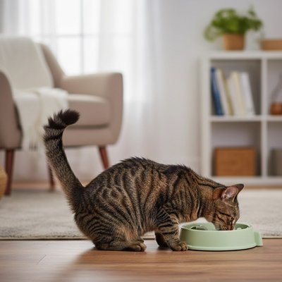 Gamelle chat anti glouton Labyrinthe Fish™ dans un salon moderne avec un chat qui mange - Univers Chat Nature