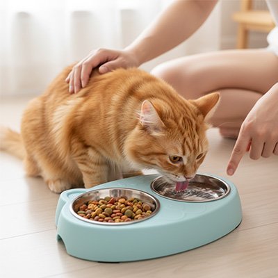 Gamelle Chat | Bol design™ - Univers Chat Nature, chat mange dans cette gamelle en présence de son propriétaire 
