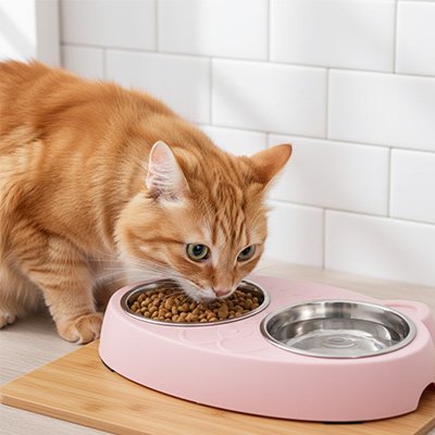Gamelle Chat | Bol design™ - Univers Chat Nature, chat adulte mange sur cette gamelle rose