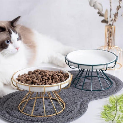 Gamelle chat ErgoGam™ en céramique avec supports surélevés doré et l'autre support de couleur verte sur tapis près d'un chat