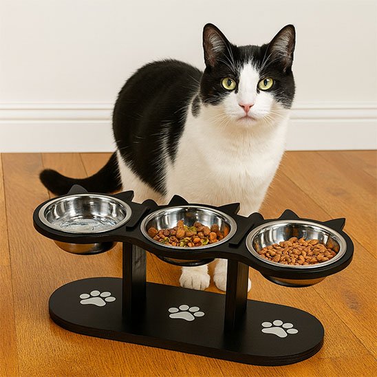 Gamelle Chat surélevée ComfortDigest avec chat noir blanc observant