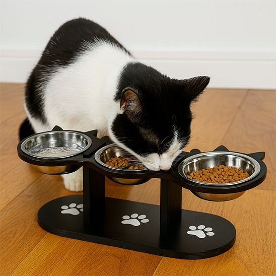 Gamelle Chat surélevée ComfortDigest avec chat noir blanc s'alimentant des friandes