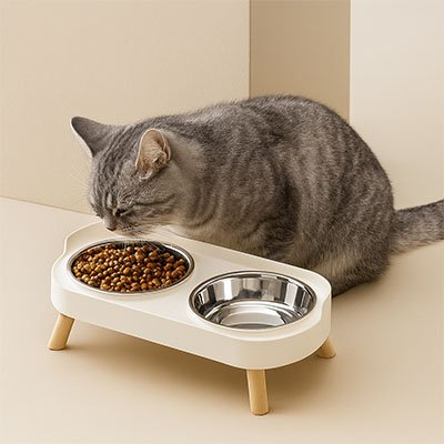 Gamelle pour chat ErgoClean consommant ses croquettes