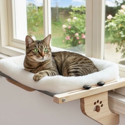 Hamac pour Chat fenetre AéroCocon™, Coussin amovible blanc, revêtement doux et moelleux facilement détachable pour un entretien
