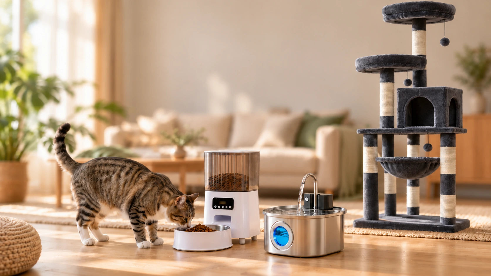 Distributeur de croquettes, fontaine à eau et arbre à chats
