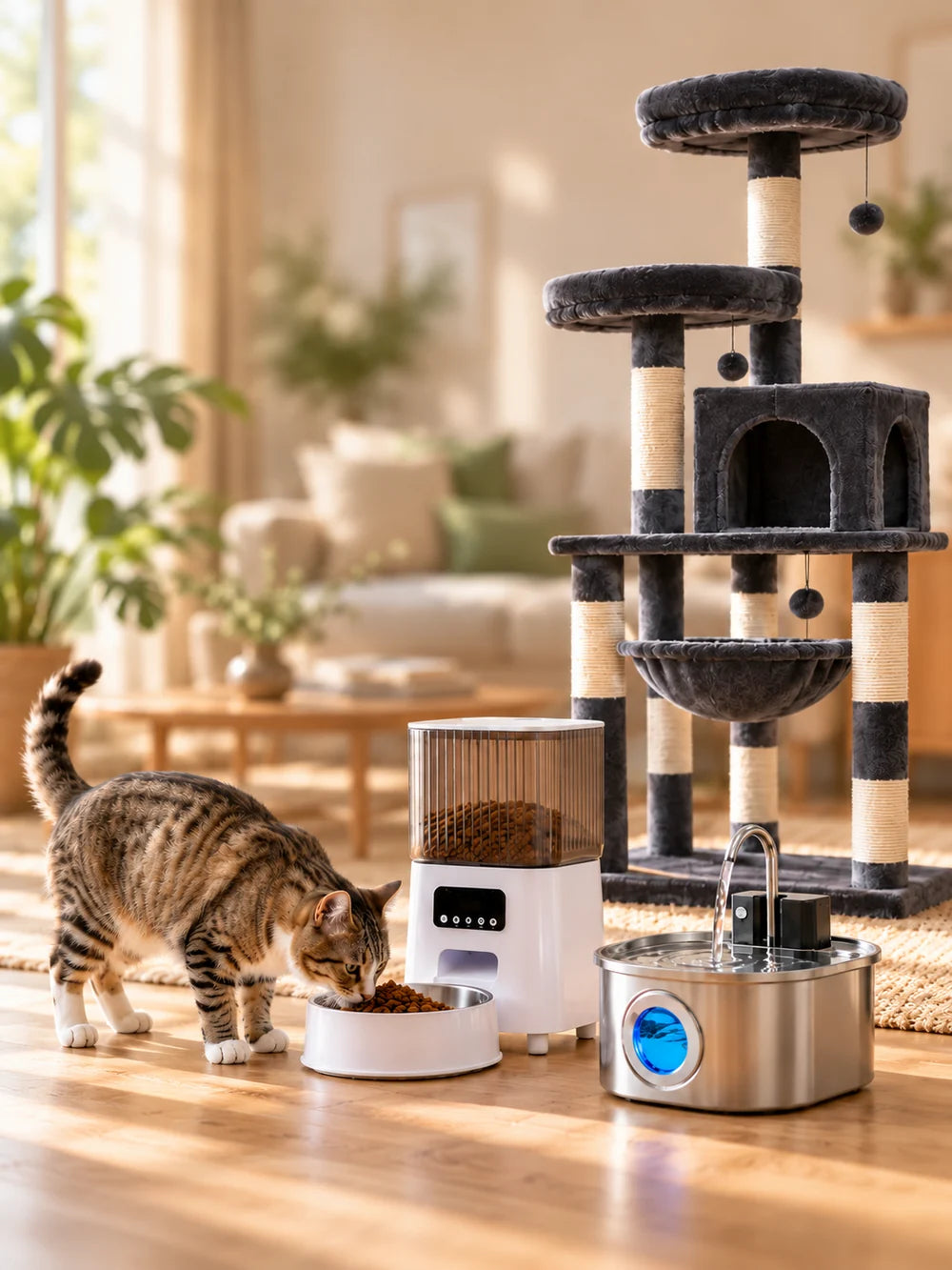 Distributeur de croquettes, fontaine à eau chat et arbre à chats