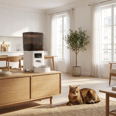Distributeur automatique croquettes chat sans wifi  SereniMeal™ dans un salon français avec un chat observant