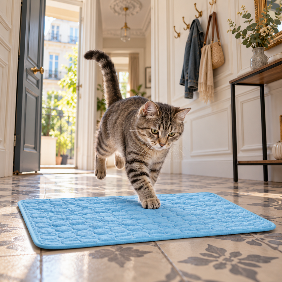Chat tigré se posant sur le tapis Fraîcheur d'Été™ dans l'entrée d'un appartement français