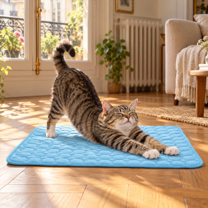 Tapis rafraîchissant chat Fraîcheur d'Été™, chat tigré qui s'étire sur le tapis dans un salon à parquet