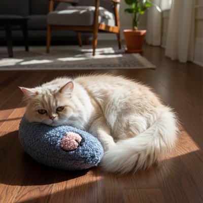 Un chat couché surCoussin chat avec son Duvoria™ avec des petites applications en relief qui ajoutent une touche ludique au design