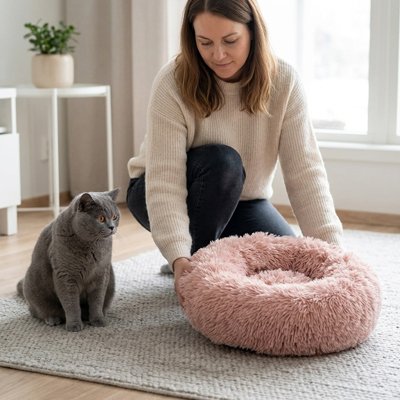Une française prepare les Coussins pour Chats Moellune™ pour son félin lui offrant un soutien optimal pour la tête et le cou pendant le sommeil